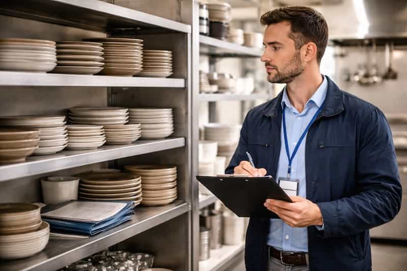 Inspector sanitario revisando vajilla cer&aacute;mica en la cocina de un restaurante durante un control oficial de seguridad alimentaria