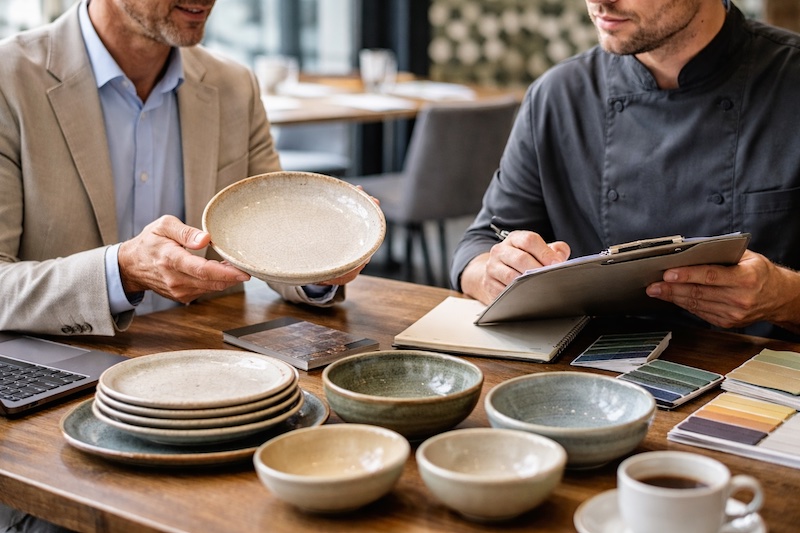 Dos profesionales sentados en una mesa de restaurante moderno revisan distintas piezas de vajilla artesanal de cer&aacute;mica; uno de ellos sostiene un plato mientras el otro toma notas en una carpeta, con varios cuencos y platos de muestra distribuidos sobre la mesa junto a muestrarios de color y documentos.
