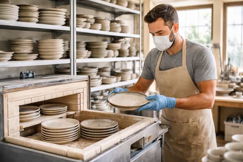 Ceramista con mascarilla, guantes y delantal abre un horno de cer&aacute;mica en un taller luminoso y ordenado y extrae un plato esmaltado, rodeado de estanter&iacute;as llenas de platos y cuencos, mostrando un proceso profesional de fabricaci&oacute;n de vajilla artesanal para restaurantes.